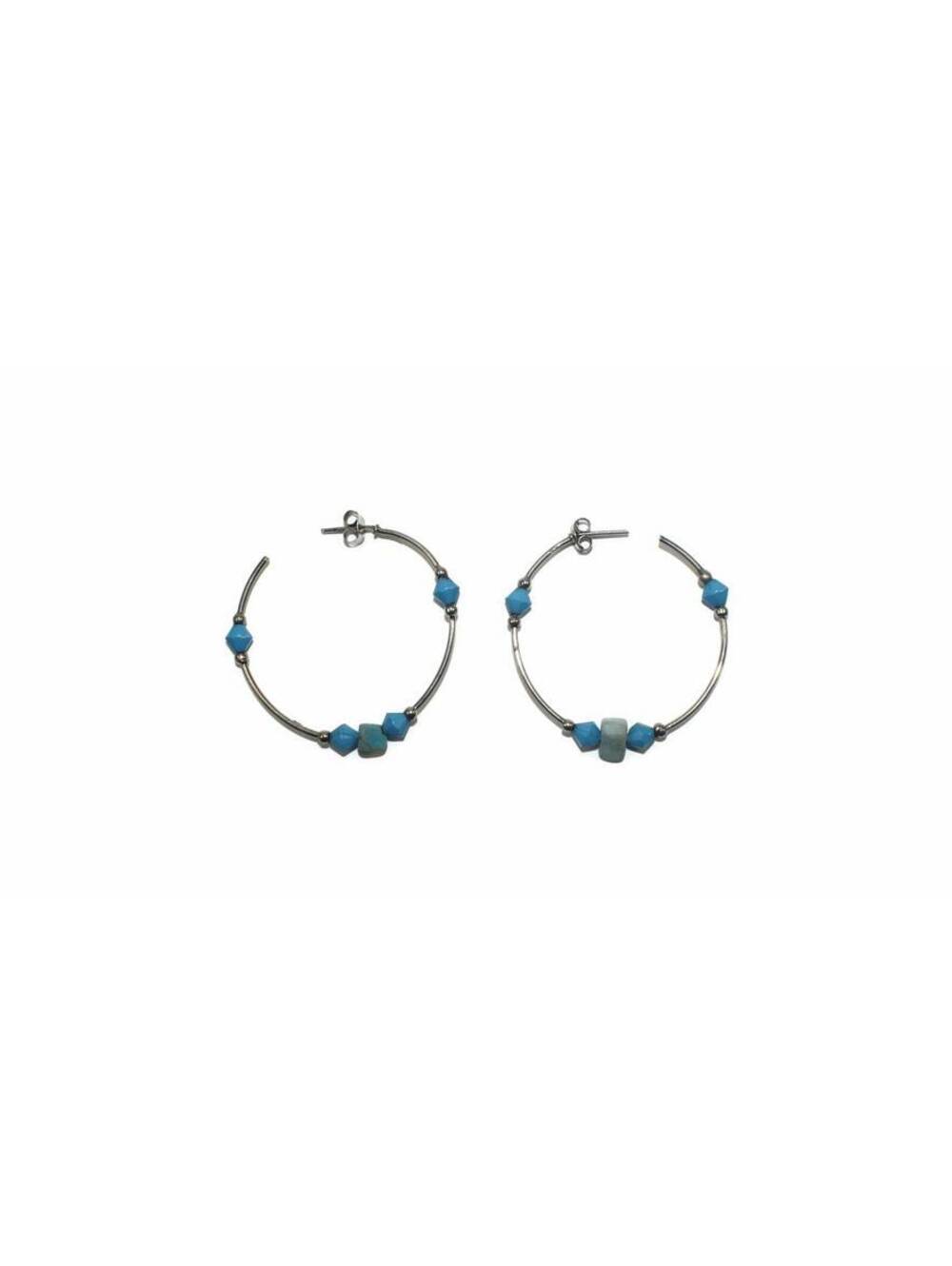 Vintage Silver Tone and Faux Turquoise Beads Hoop Earrings.